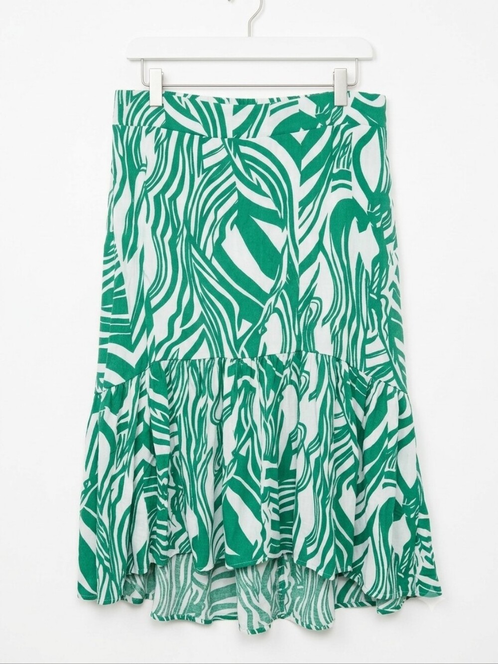 MLLE GABRIELLE Green & White Abstract Tropical Print Tiered Ruffle Midi Skirt XL